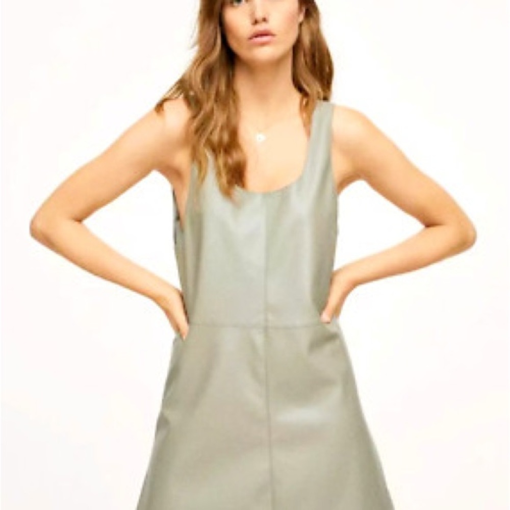 Scoop Neck Faux Leather A-Line Dress - Sage Green